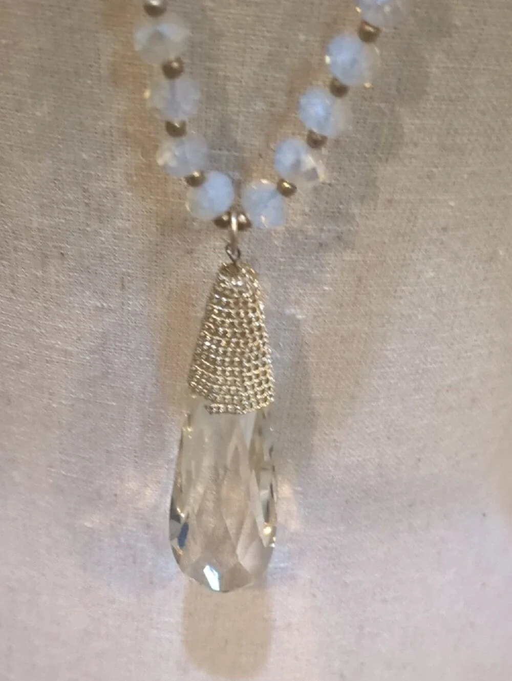 Crystal Teardrop Pendant Beaded Necklace - Clear and Gray